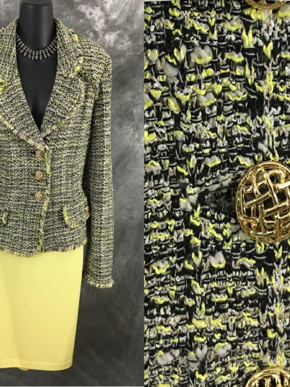 BEAUTIFUL St John knit lemonade black multi jacket skirt suit size XL 16